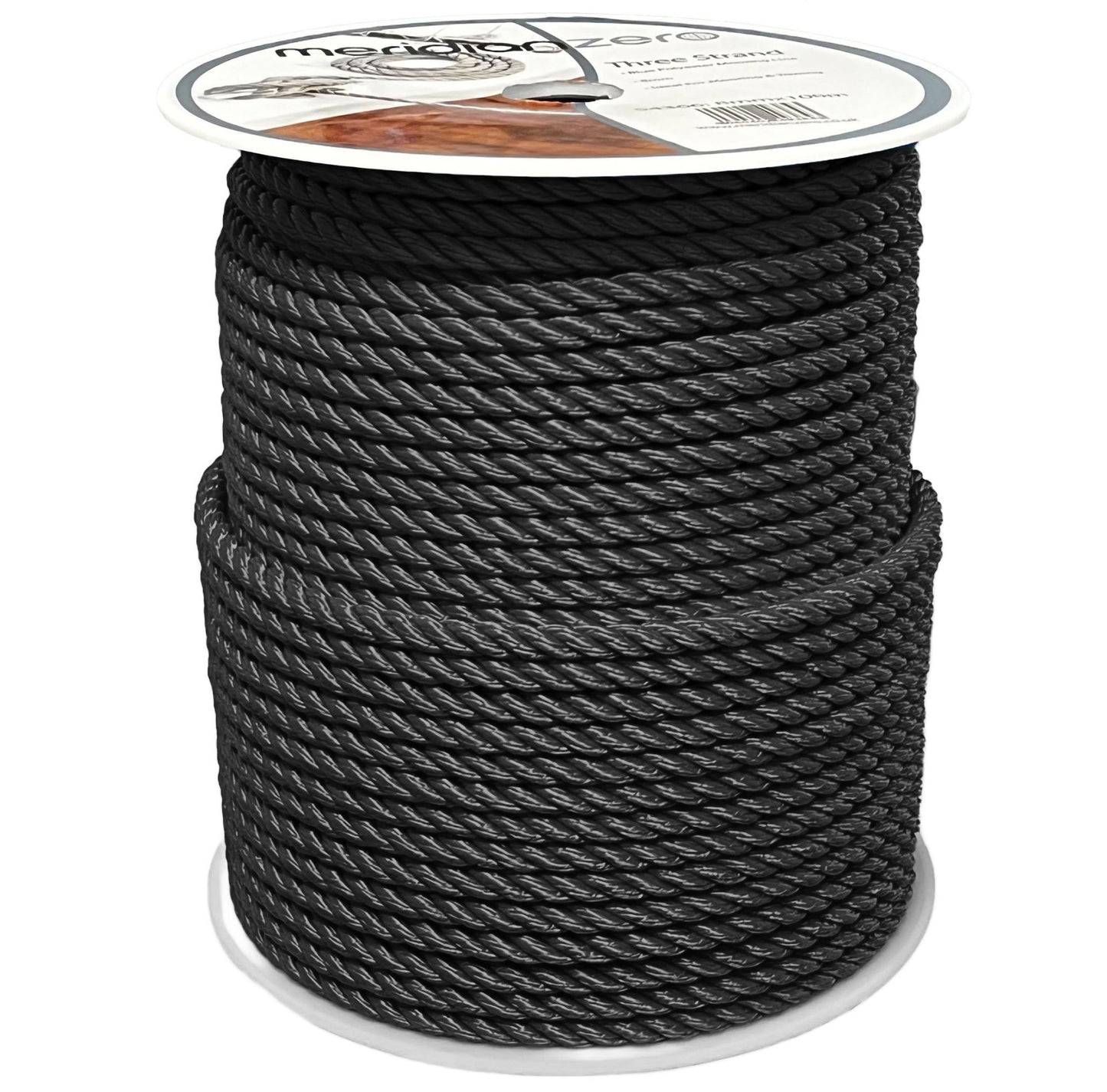 Meridian Zero 3 Strand Black 10mm Polyester Rope 100m Reel - Prestretched