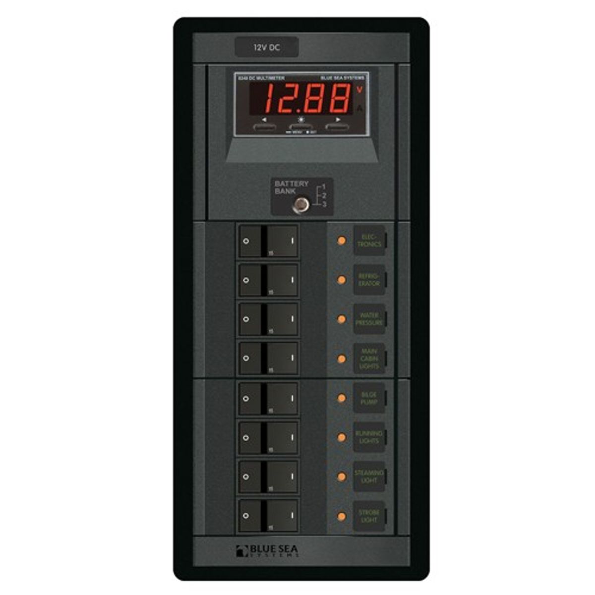 Blue Sea 360 DC Circuit Breaker Panel with Multimeter (12V / 8-Way)