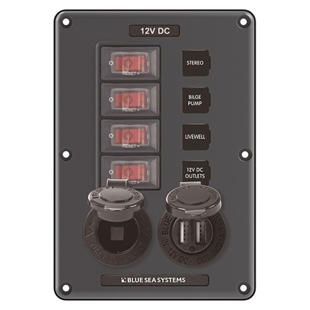 Blue Sea DC Circuit Breaker Panel, 12V Socket & Dual USB (4-Way, IP66)