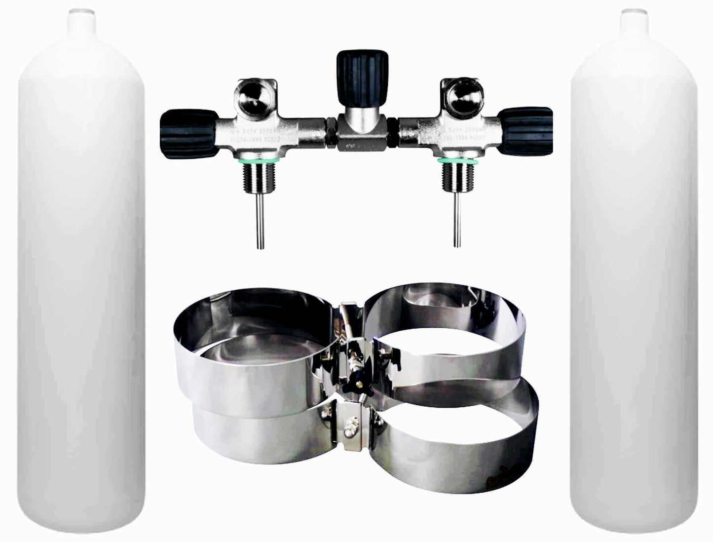 BTS White Flat Bottom 12 Litre 232 Bar DIN Steel Cylinder Twin Set with Isolation Manifold & Bands S16816692