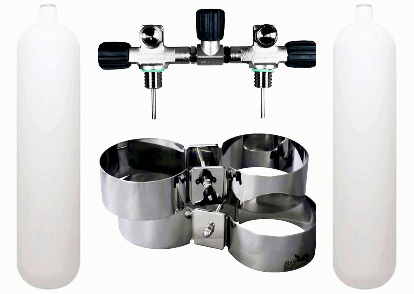 BTS 7 Litre 300 Bar DIN Steel Cylinder Twin Set with Isolation Manifold & Wide Bands S16116691