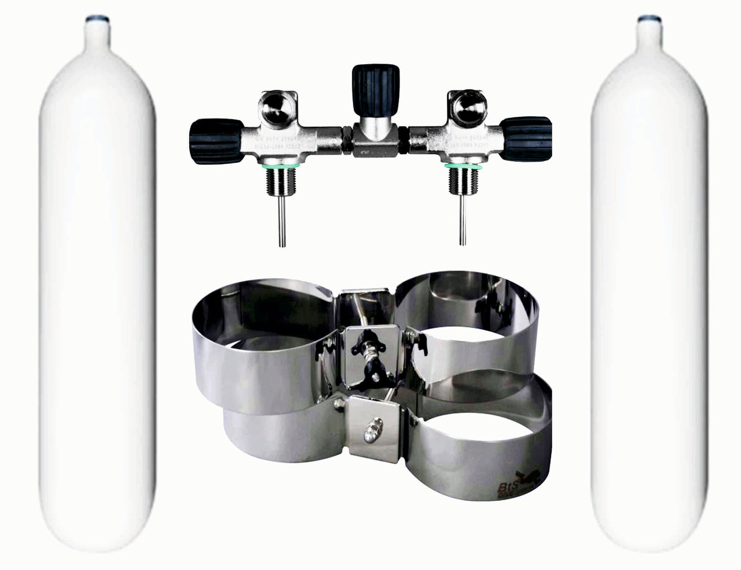 BTS 8 Litre 300 Bar DIN Steel Cylinder Twin Set with Isolation Manifold & Wide Bands S16816644