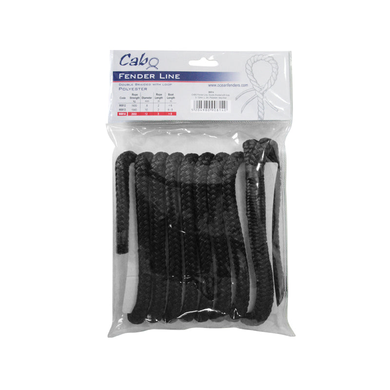 CABO Fender Line, Double Braided, w/ loop, Diam. 10mm, L 2m, Polyester, Black