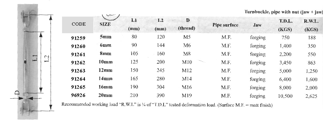 Lalizas Pipe Turnbuckle w/nut, Jaw&Jaw, Inox 316, L5mm