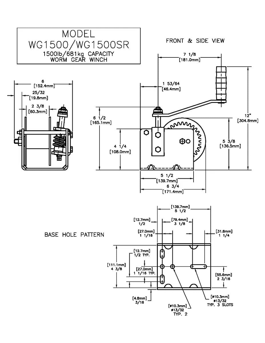 Worm Gear Winch - WG1500 (Standard Drum) - 1500 lb/681kg