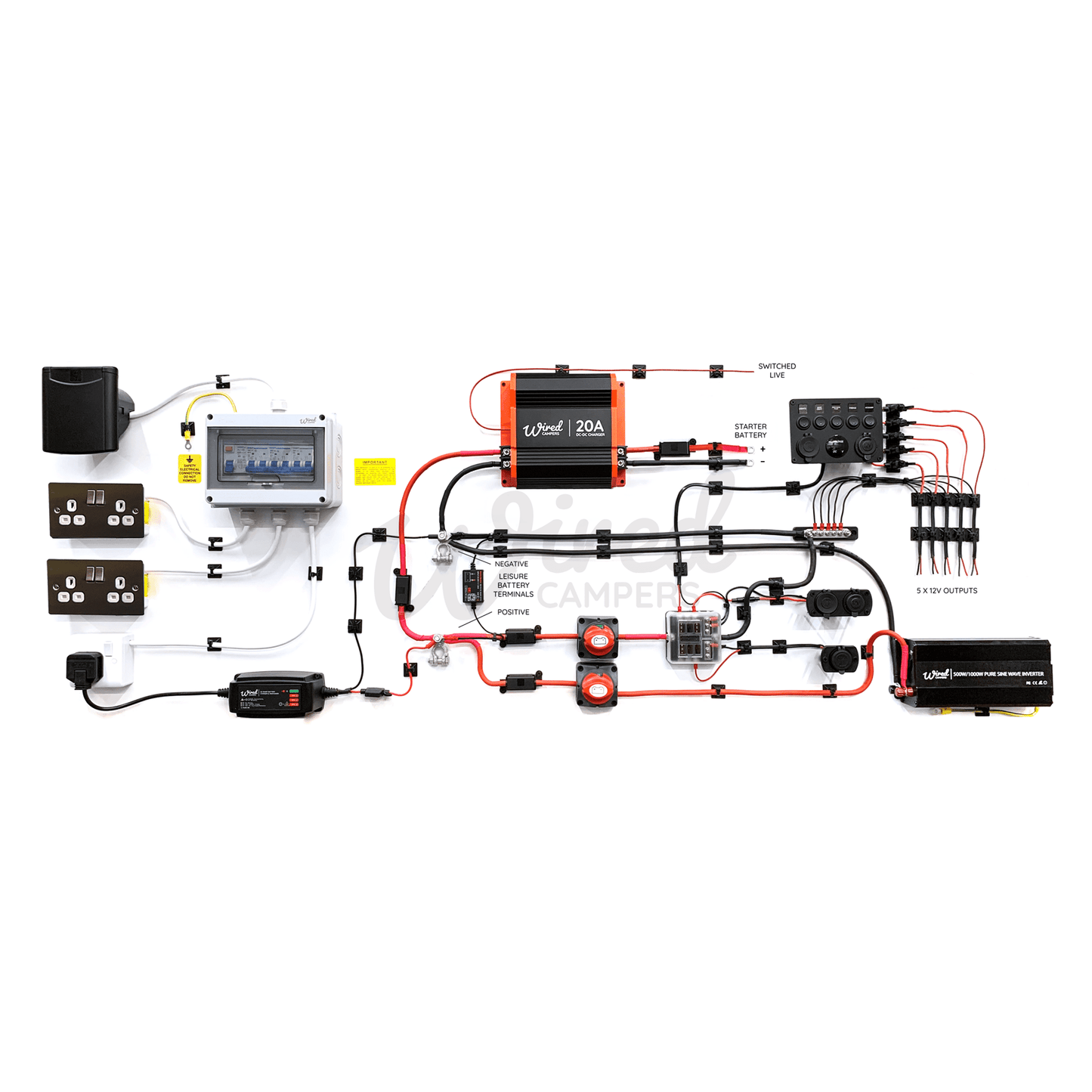 12V DC-DC & 240V Mains Hook Up & Mini Off Grid 500W Inverter Complete Camper Van Kit