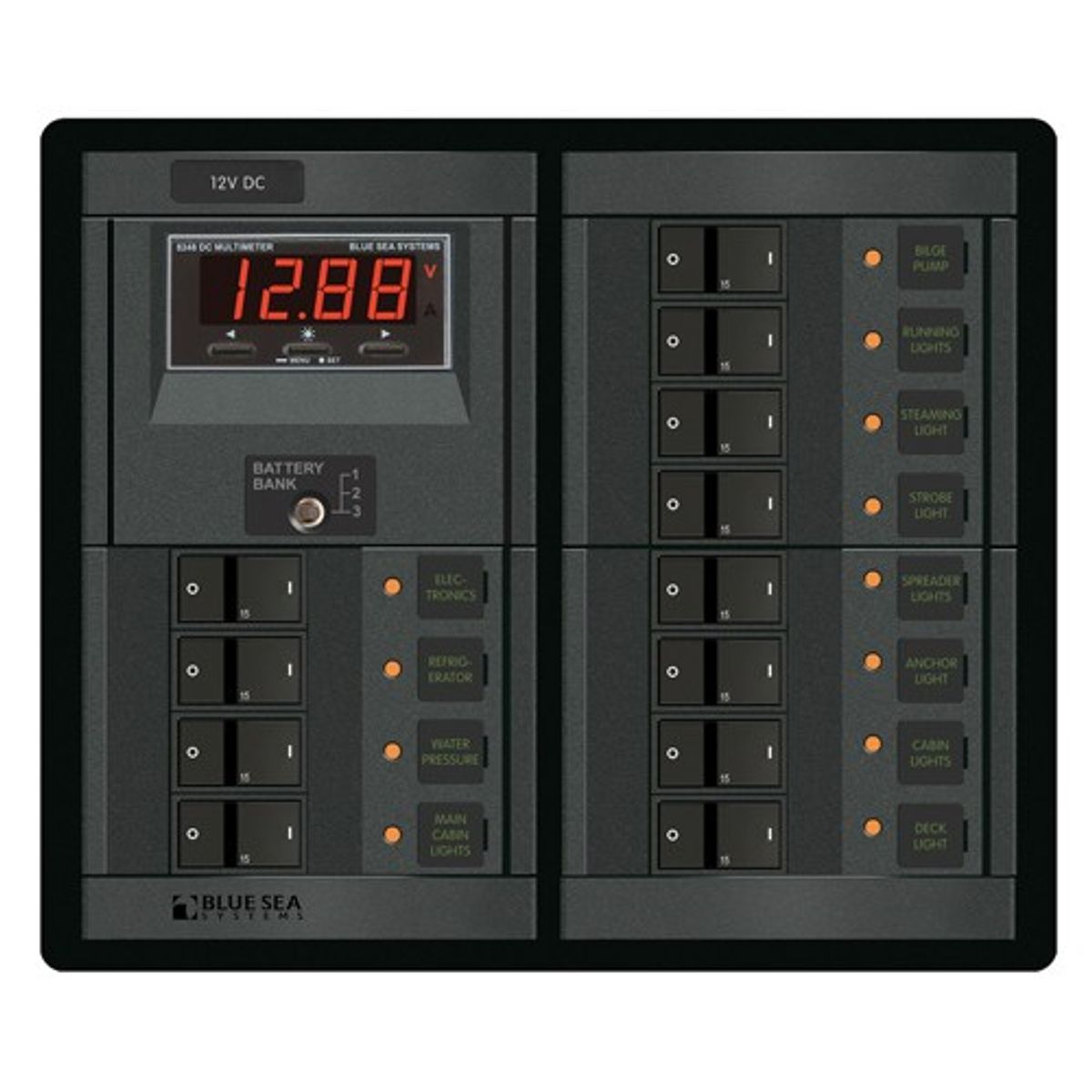 Blue Sea 360 DC Circuit Breaker Panel with Multimeter (12V / 12-Way)