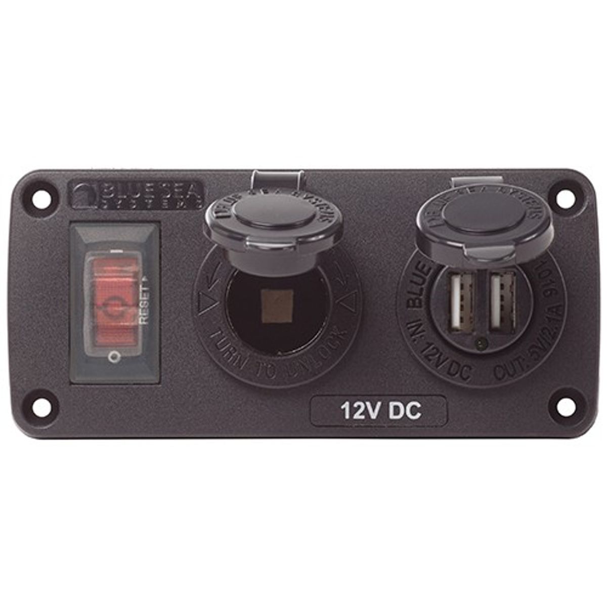 Blue Sea Accessory Panel with 15A Circuit Breaker, USB and 12V Socket