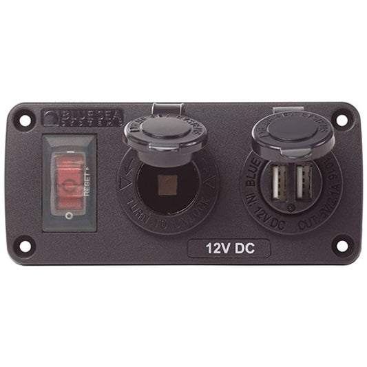 Blue Sea Accessory Panel with 15A Circuit Breaker, USB and 12V Socket
