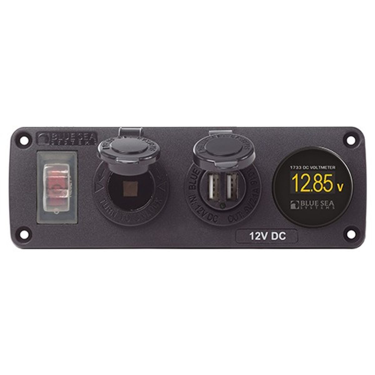 Blue Sea Accessory Panel with 15A CB, USB, 12V Socket and Voltmeter