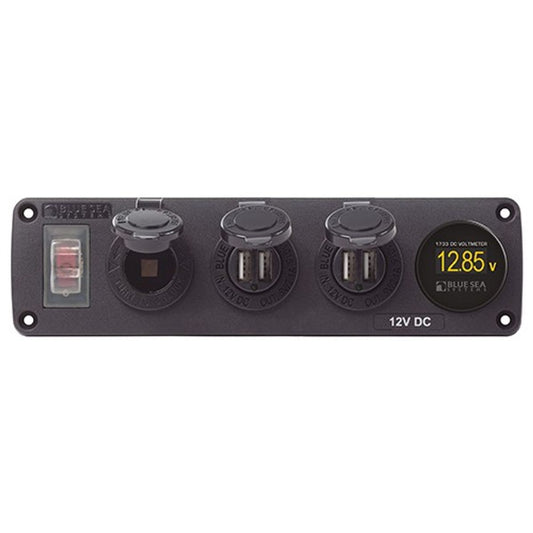 Blue Sea Accessory Panel with 15A CB, 2x USB, 12V Socket and Voltmeter
