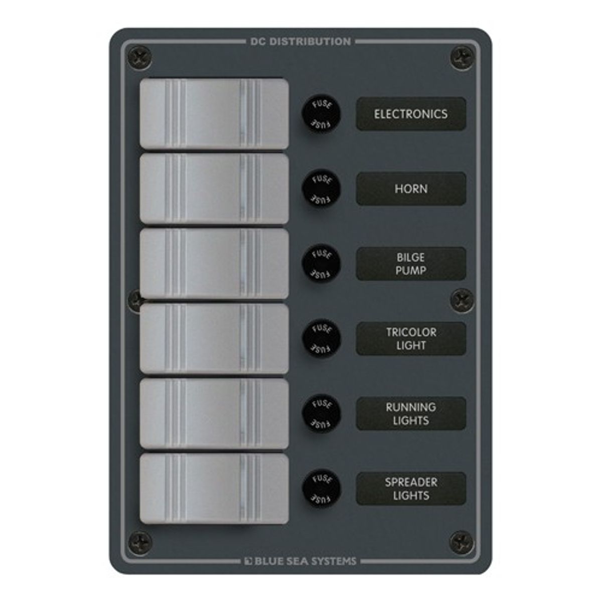 Blue Sea Waterproof Switch Panel Vertical in Grey (12V / 24V / 6-Way)