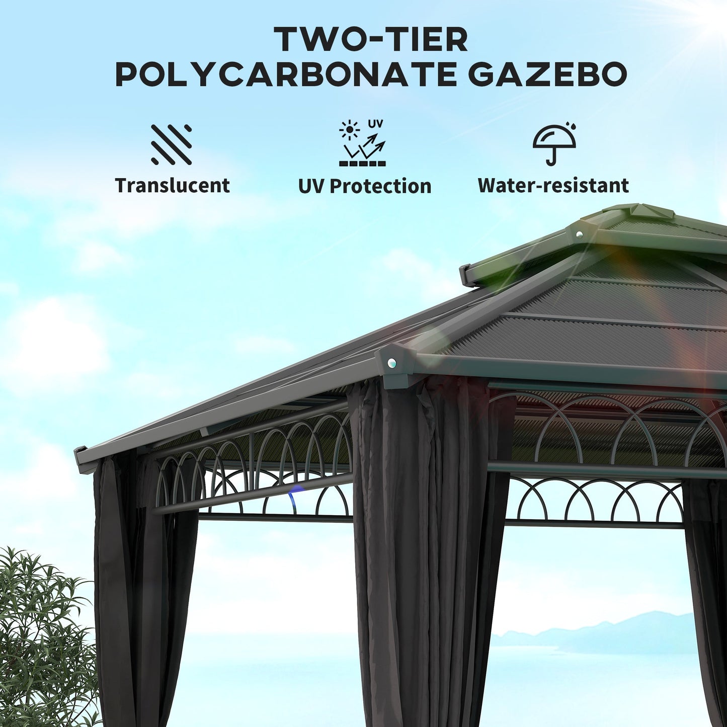 Outsunny 3 x 3 (m) Double Roof Hard Top Gazebo w/Nettings, Dark Grey