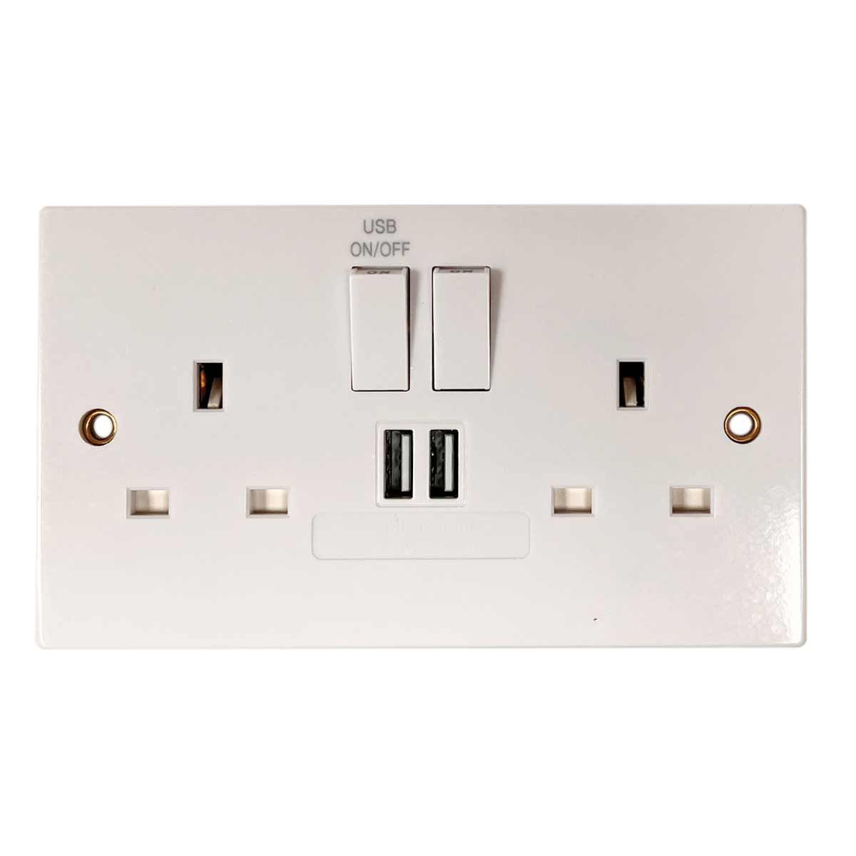Square Edged Double Socket in White (2 Switches / 2 USB Charger Ports)