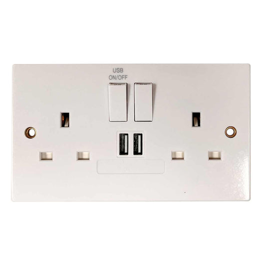 Square Edged Double Socket in White (2 Switches / 2 USB Charger Ports)