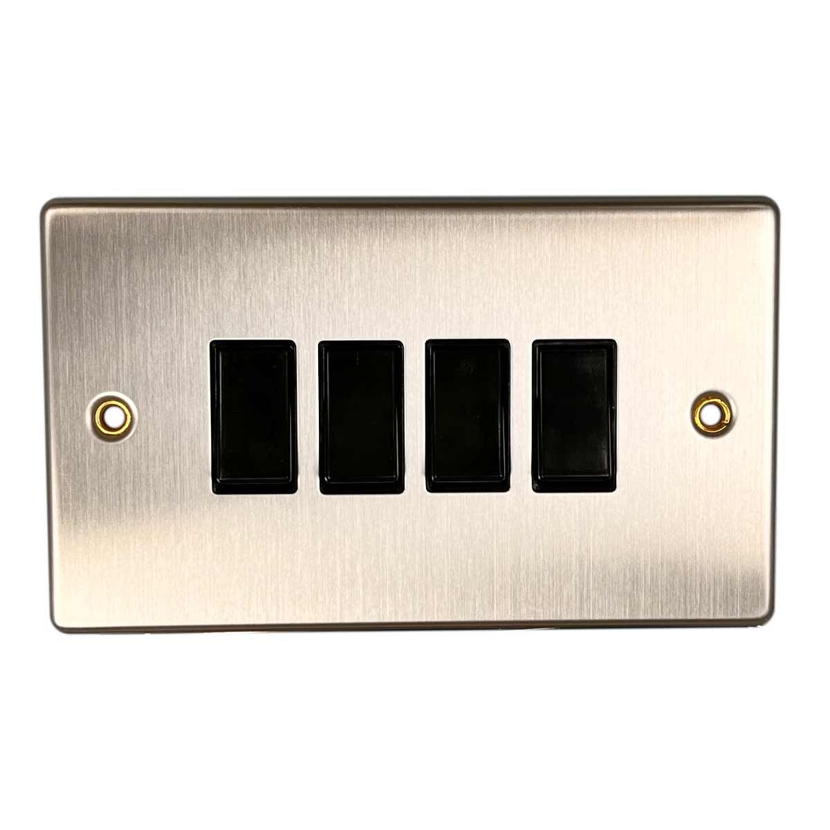 Round Edge 4-Gang Switch in Brushed Steel and Black (2 Way / 10A)
