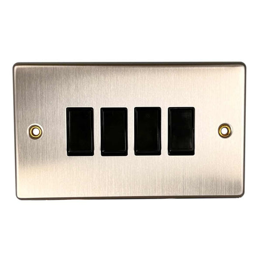 Round Edge 4-Gang Switch in Brushed Steel and Black (2 Way / 10A)