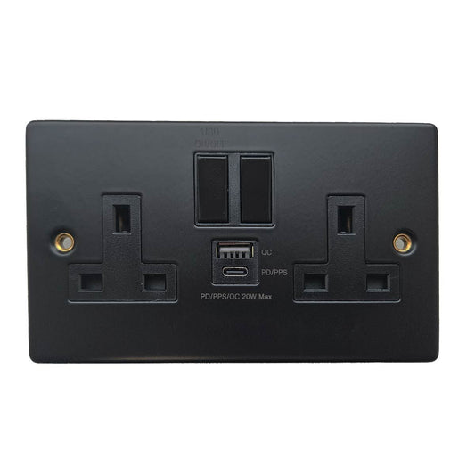 Round Edge Double Socket Matt Black (2 Switches / 13A / 2 USB Ports)