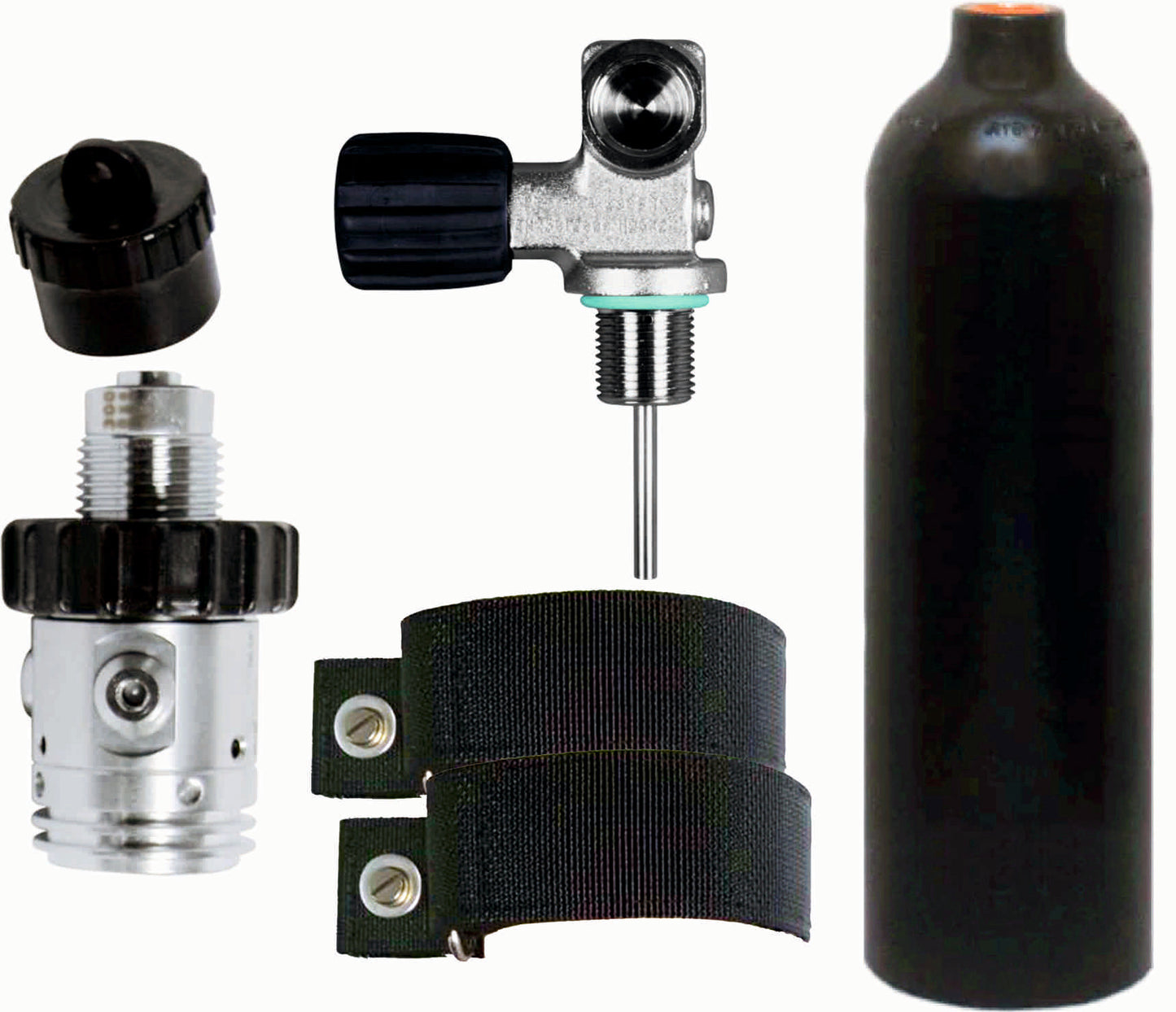 BTS 0.85 Litre 230 Bar Black Luxfer Aluminium Cylinder with DIN Valve, 1st Stage, OPV & Backplate Mounting Straps S20999904