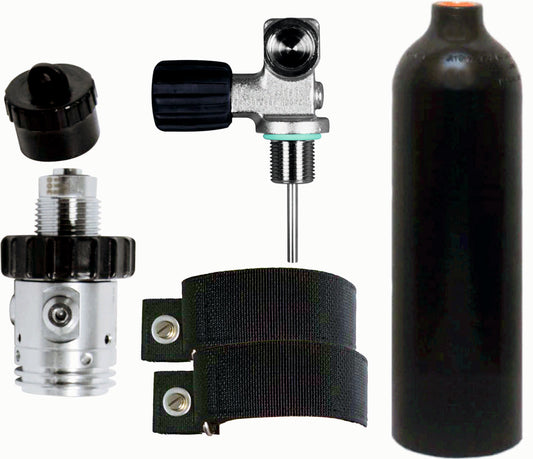 BTS 0.85 Litre 230 Bar Black Luxfer Aluminium Cylinder with DIN Valve, 1st Stage, OPV & Backplate Mounting Straps S20999904