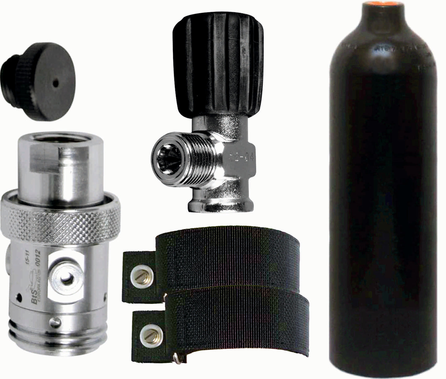 BTS 0.85 Litre 230 Bar Black Luxfer Aluminium Cylinder with W21.8 Inert Gas Valve, 1st Stage, OPV & Backplate Mounting Straps S20999905