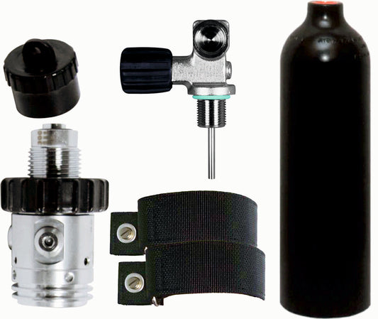 BTS 1.5 Litre 230 Bar Black Luxfer Aluminium Cylinder with DIN Valve, 1st Stage, OPV & Backplate Mounting Straps S20999909