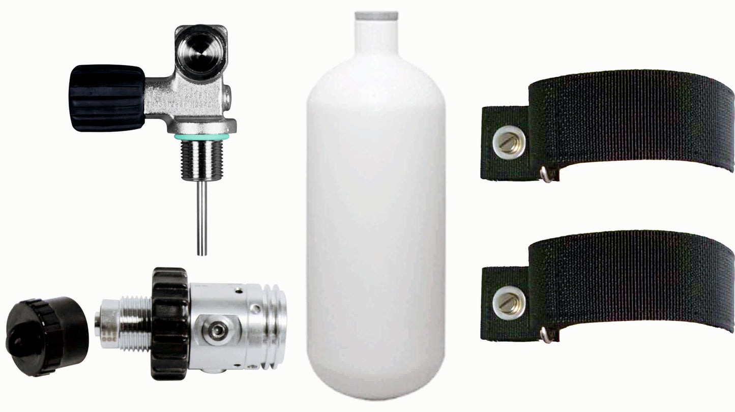 BTS 1 Litre Steel Cylinder with Top Handled DIN Valve, 1st Stage, OPV & Backplate Mounting Straps S20999906