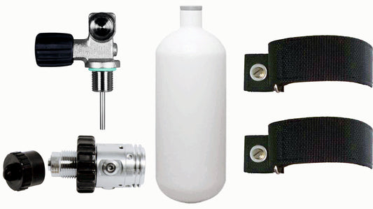 BTS 1 Litre Steel Cylinder with Top Handled DIN Valve, 1st Stage, OPV & Backplate Mounting Straps S20999906