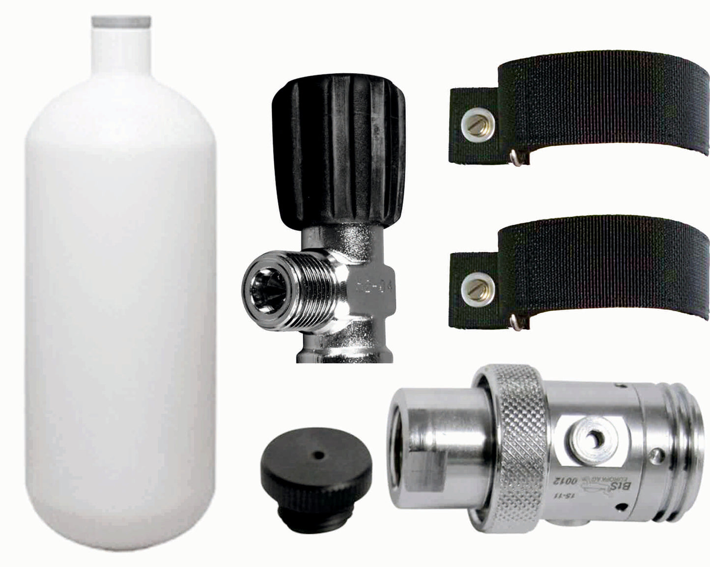 BTS 1 Litre 200 Bar Steel Cylinder with Inert Gas Valve 1st Stage, OPV & Backplate Mounting Straps S20999907