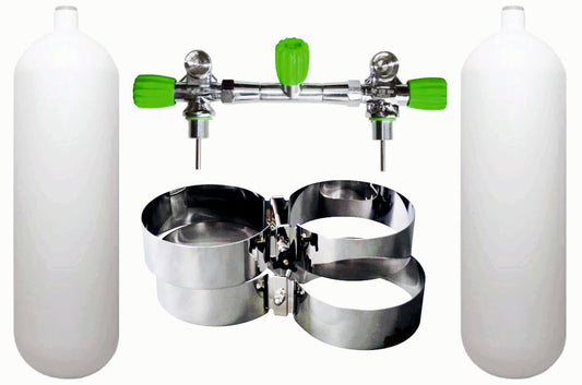 BTS 10 Litre 232 Bar M26 Steel Cylinder Twin Set with Isolation Manifold & Bands S16816647