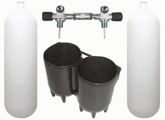 BTS 10 Litre 300 Bar DIN Steel Cylinder Twin Set with Boot & None Isolating Manifold S16116656