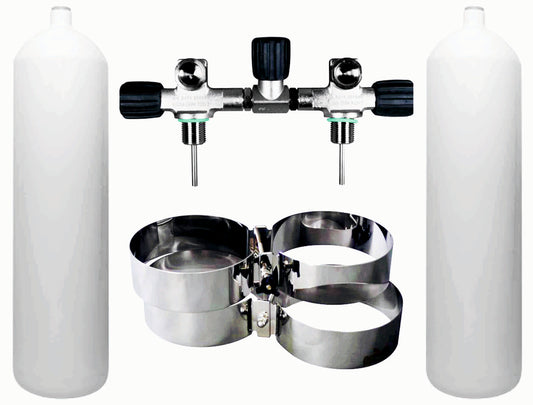 BTS White Flat Bottom 12 Litre 232 Bar DIN Steel Cylinder Twin Set with Isolation Manifold & Bands S16816692
