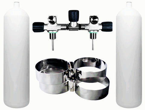 Beaver BTS White Flat Bottom 12 Litre 232 Bar DIN Steel Cylinder Twin Set with Isolation Manifold & Bands S16816692