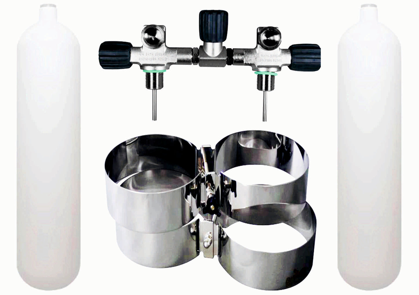 BTS 7 Litre 230 Bar DIN Steel Cylinder Twin Set with Isolation Manifold & Wide Bands S16116689