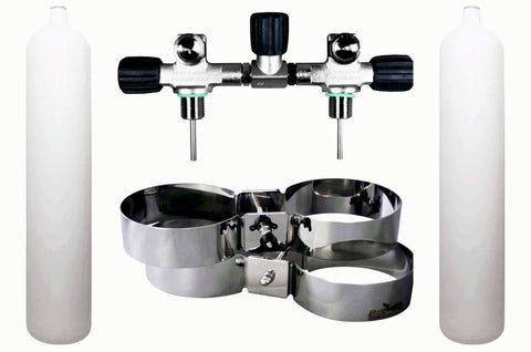 Beaver BTS 8.5 Litre 232 Bar DIN Flat Bottom Steel Cylinder Twin Set with Isolation Manifold & Bands S16116606