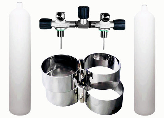 BTS 8.5 Litre 232 Bar M26 Flat Bottom Steel Cylinder Twin Set with Isolation Manifold & Wide Bands  S16816699