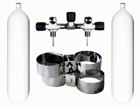 BTS 8 Litre 300 Bar DIN Steel Cylinder Twin Set with Isolation Manifold & Wide Bands S16816644