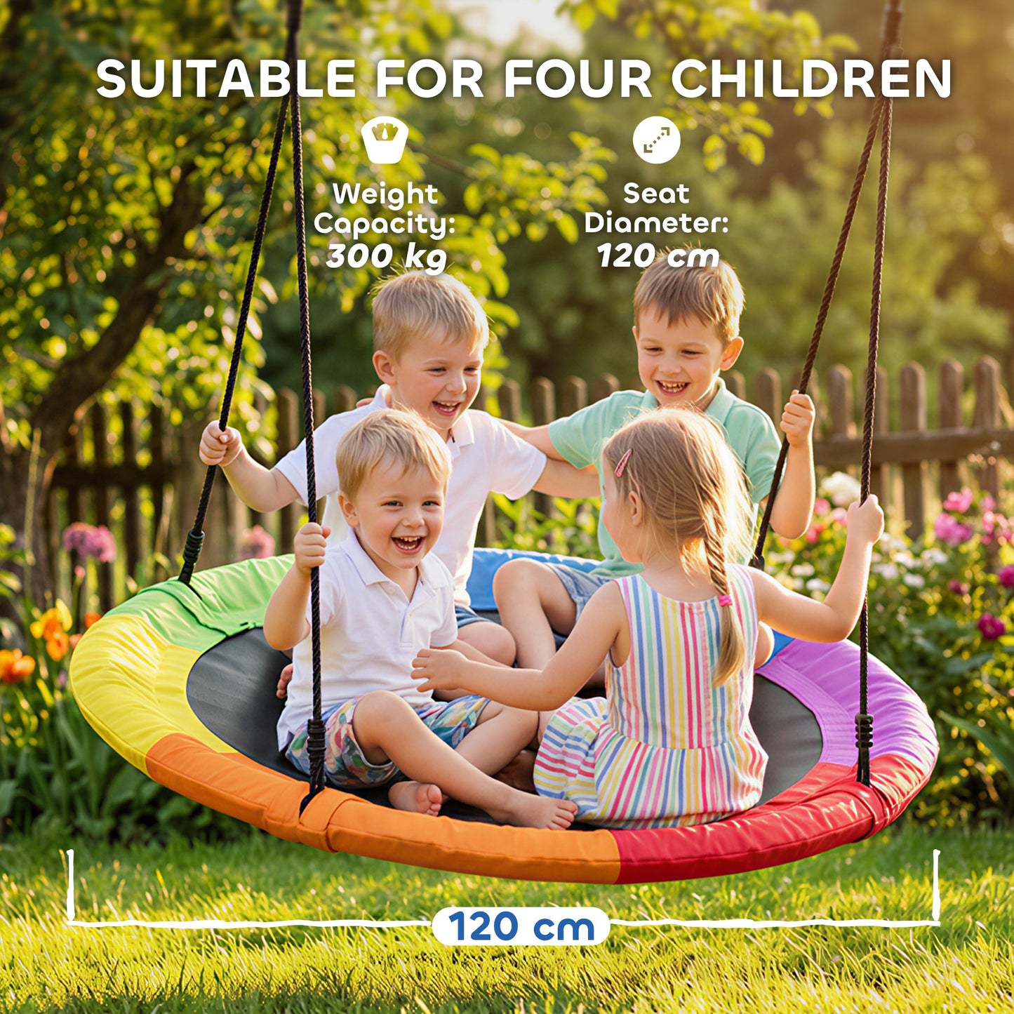AIYAPLAY Tree Swing Seat, 120cm Kids Saucer Swing with Adjustable Ropes and Tree Straps, 300kg Capacity, Multicolour
