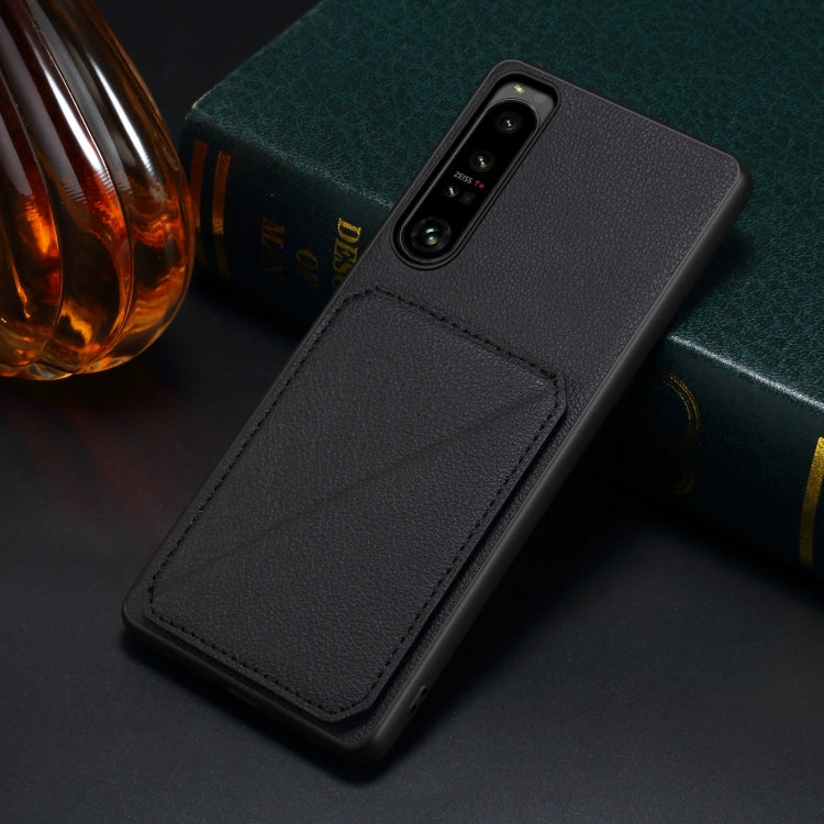 For Sony Xperia 1 V Denior Imitation Calf Leather Back Phone Case with Holder(Black)