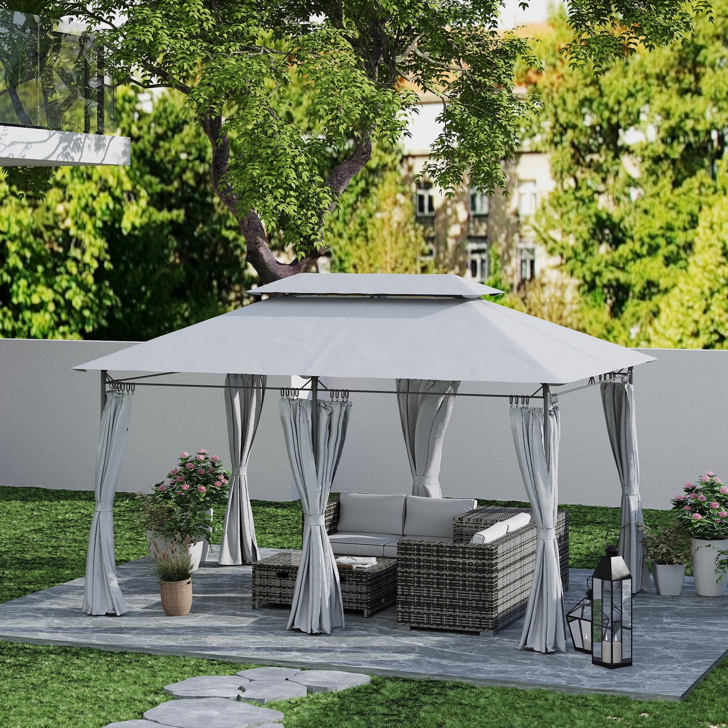 Outsunny 3 x 4m Metal Frame, Two-Tier Roof Gazebo - Dark Grey