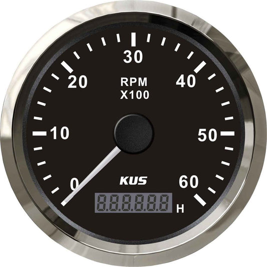 KUS Tachometer Gauge with Hourmeter (6000RPM / Stainless & Black) KY07009