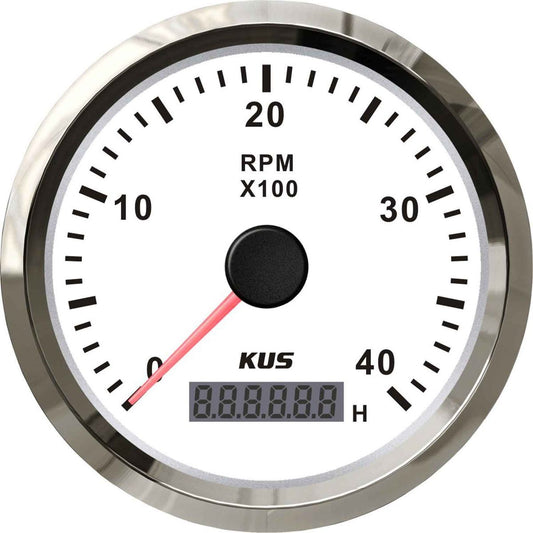 KUS Tachometer Gauge with Hourmeter (4000RPM / Stainless & White) KY07105