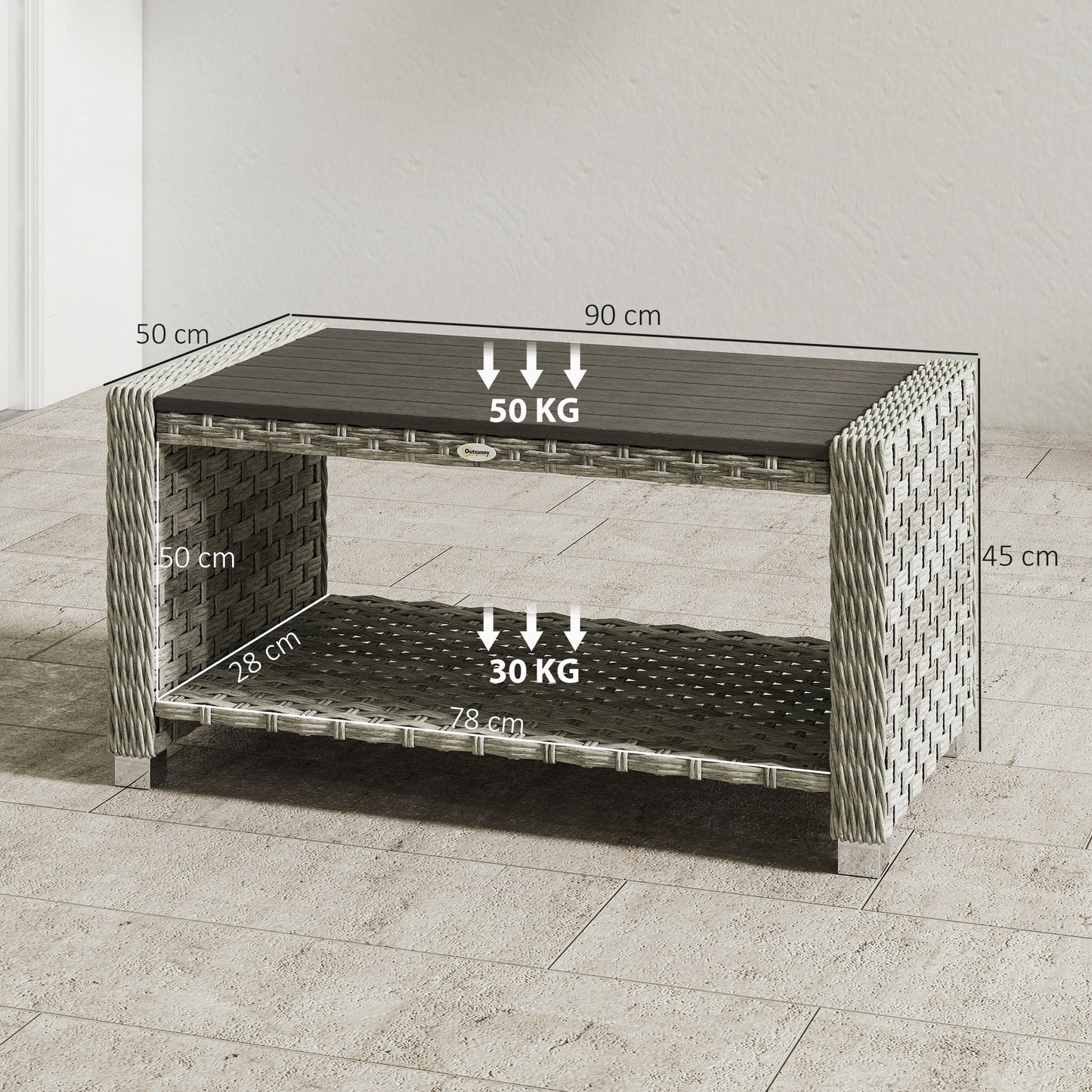 Outsunny Outdoor Coffee Table with Storage Shelf, PE Rattan Side Table with Slatted Top and Foot Pads, Grey