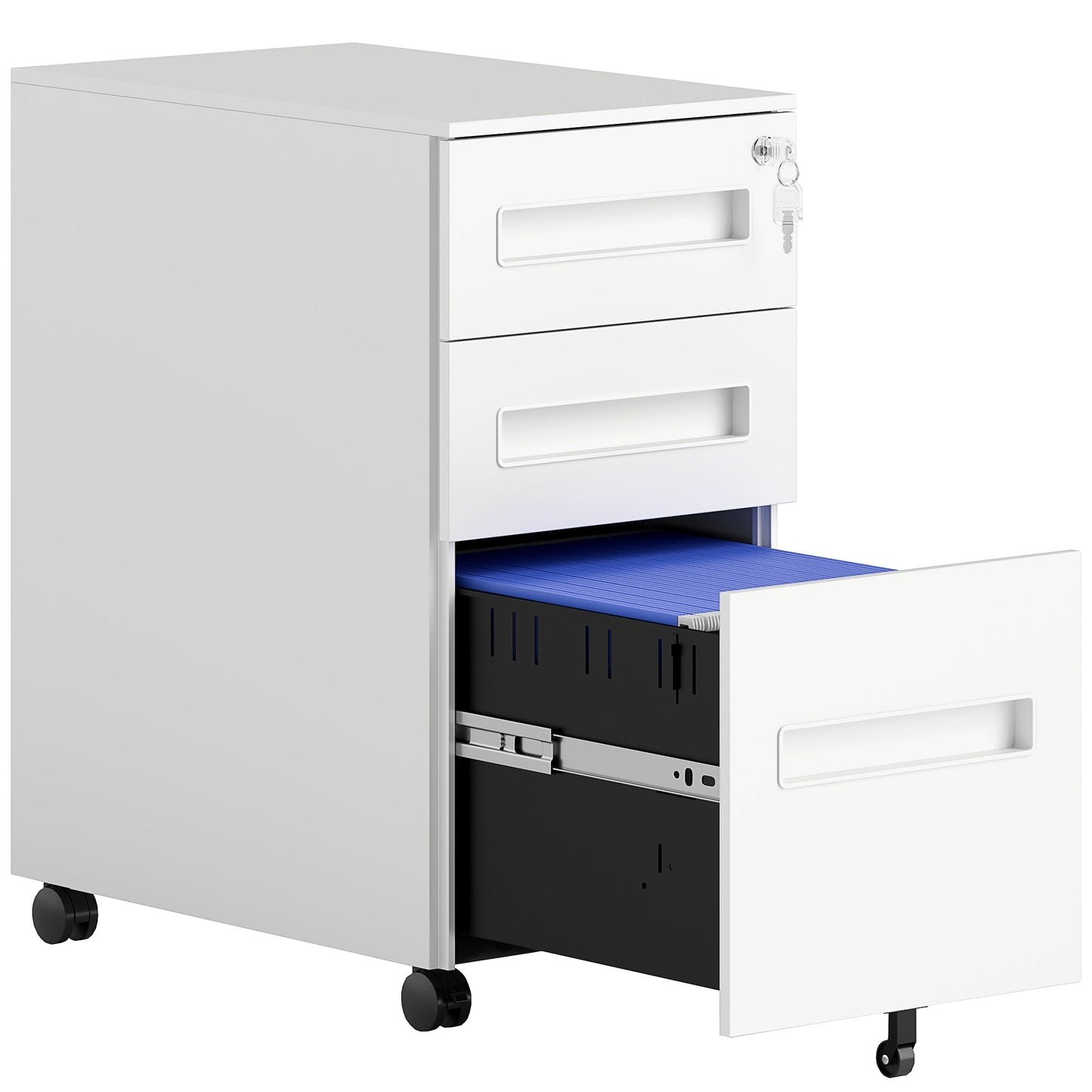 Vinsetto Metal Mobile File Cabinet with Wheels, Lockable 3 Drawer Filing Cabinet for A4, Legal, Letter, Compact Under Desk Storage Unit with Pre-Assembled Body for Home Office, 30 x 43.5 x 60cm, White