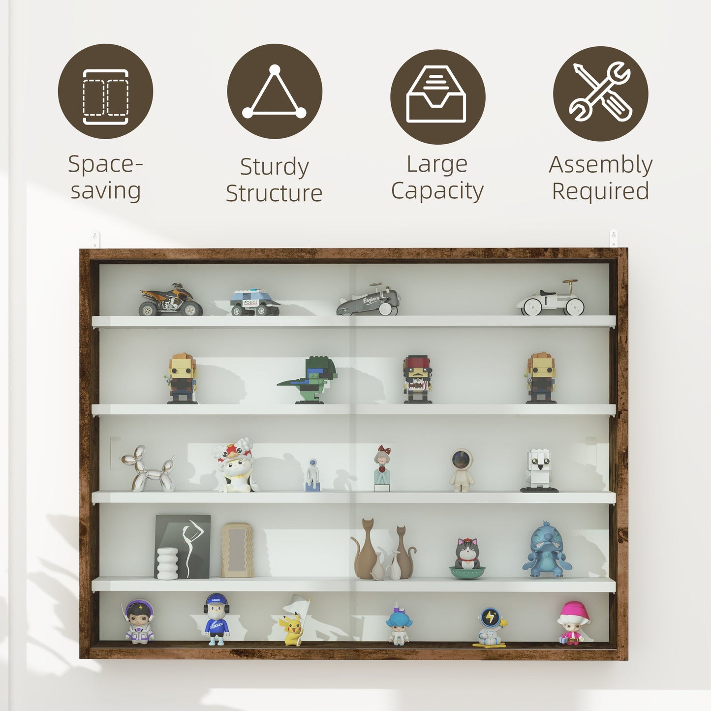 HOMCOM 5-Tier Wall Display Shelf Unit Cabinet w/ Shelves Glass Doors brown