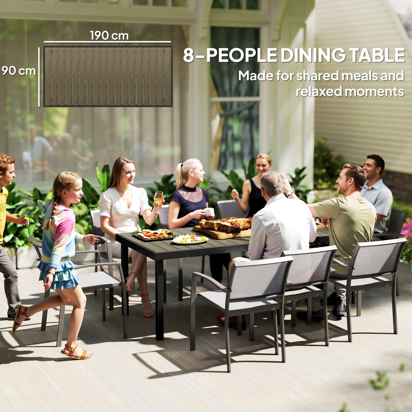 Outsunny Aluminium Outdoor Garden Dining Table for 8 People, Faux Wood Top, for Garden, Patio, 190 x 90 x 74cm, Brown