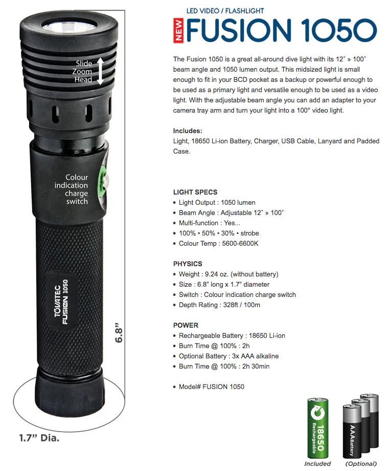 Tovatec Fusion 1050 Dive Light - waterworldsports.co.uk