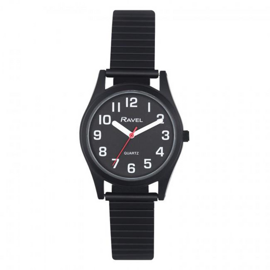 Ravel Ladies Basic Bold Easy Read Expander Bracelet Watch Black/Black R0225