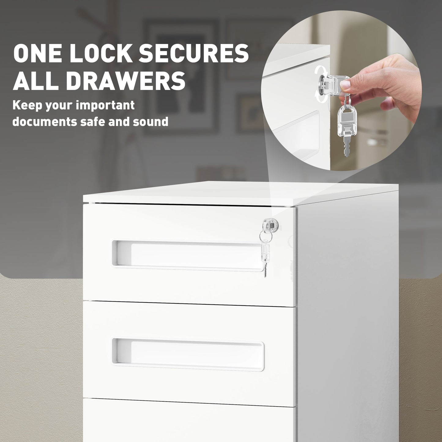 Vinsetto Metal Mobile File Cabinet with Wheels, Lockable 3 Drawer Filing Cabinet for A4, Legal, Letter, Compact Under Desk Storage Unit with Pre-Assembled Body for Home Office, 30 x 43.5 x 60cm, White