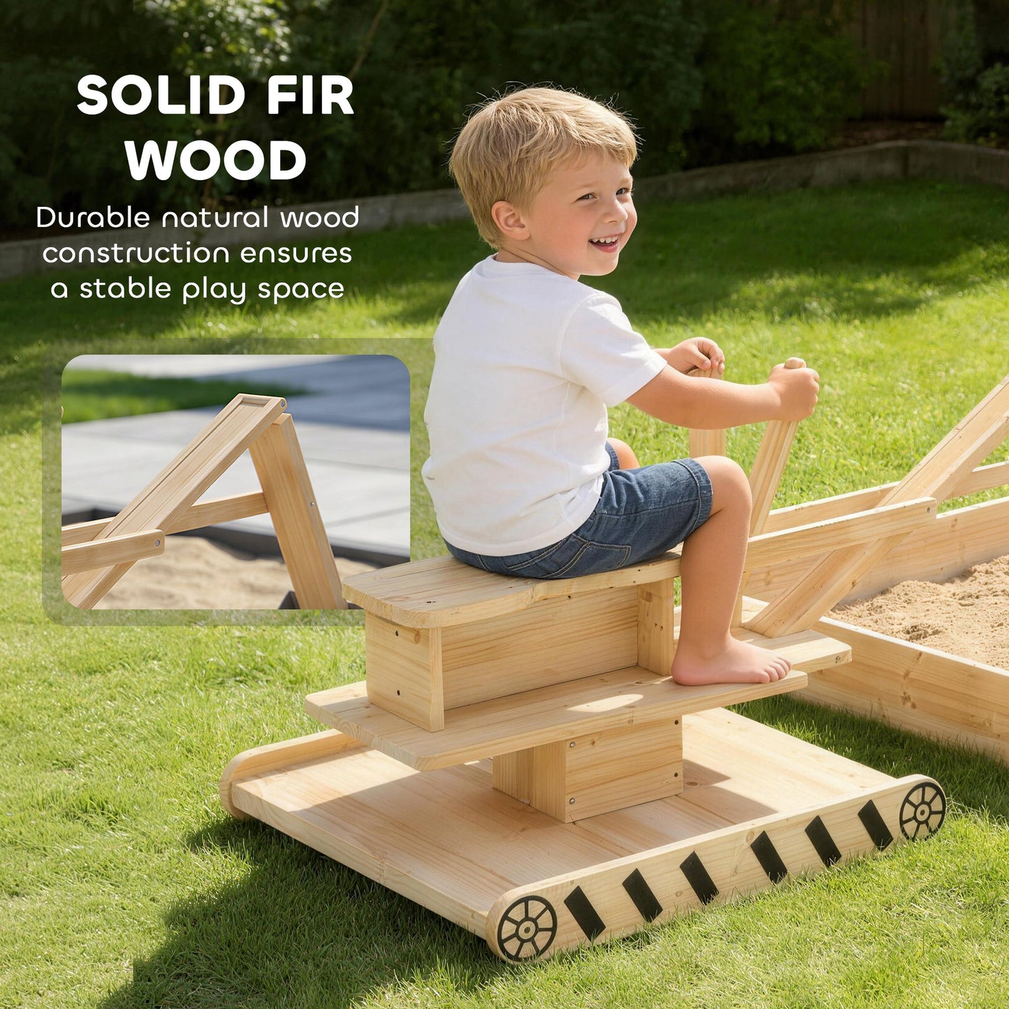 AIYAPLAY Wooden Sand Pit with Digger, Kids Sandbox Outdoor, SandPit with 360 Swivel Seat and Bottom Liner